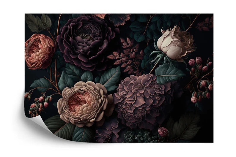 Baroque Peonies Wallpaper Mural, Rich Deep Colors