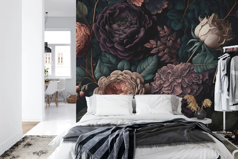 Baroque Peonies Wallpaper Mural, Rich Deep Colors