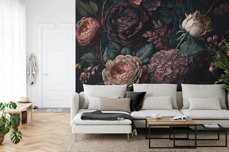 Baroque Peonies Wallpaper Mural, Rich Deep Colors