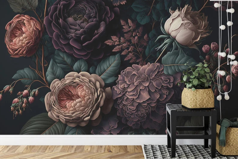 Baroque Peonies Wallpaper Mural, Rich Deep Colors