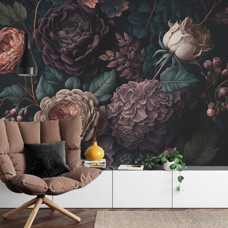 Baroque Peonies Wallpaper Mural, Rich Deep Colors
