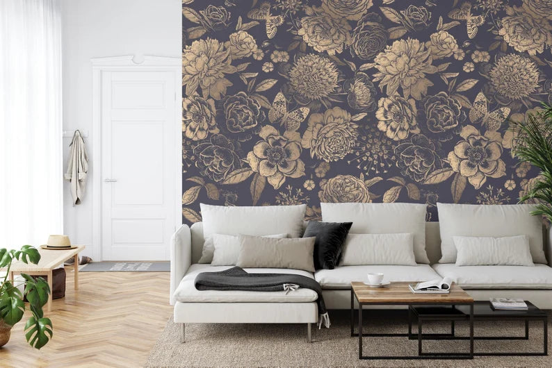 Black and Gold Peony Wallpaper Mural, Vintage Floral