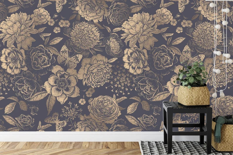 Black and Gold Peony Wallpaper Mural, Vintage Floral