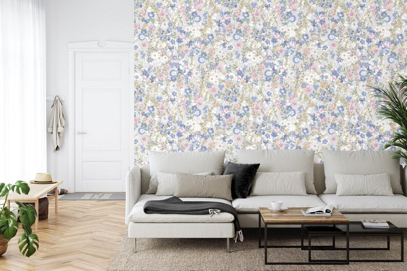 Wildflower Botanical Mural, Boho Floral Wallpaper Gift