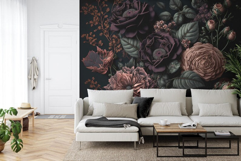 Baroque Peony Flower Wall Mural, Rich Colors