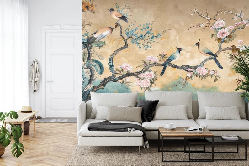 Vintage Chinoiserie Birds and Flowers Wallpaper Mural