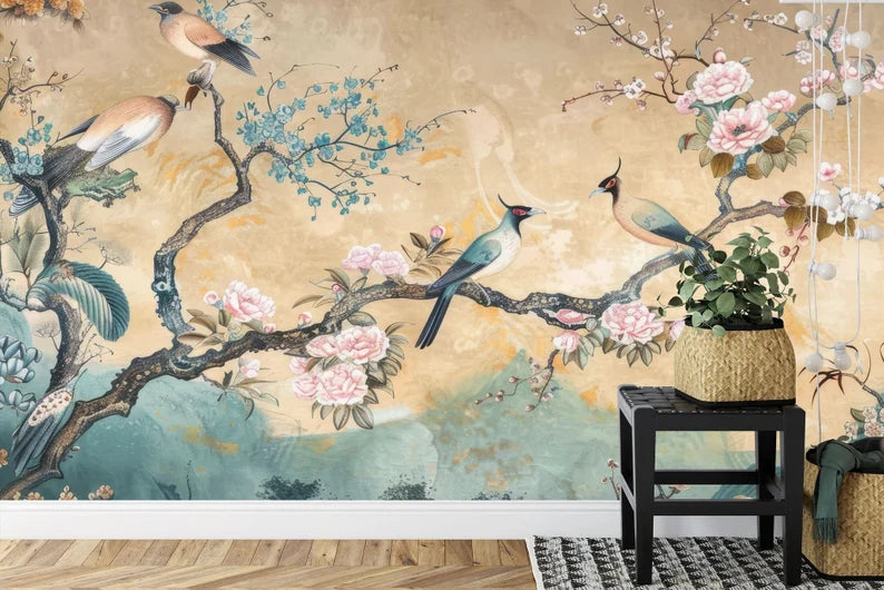Vintage Chinoiserie Birds and Flowers Wallpaper Mural