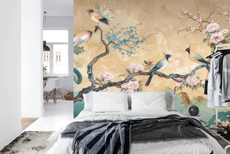 Vintage Chinoiserie Birds and Flowers Wallpaper Mural