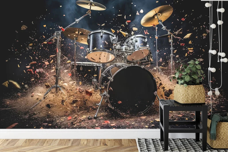 Wallpaper, Drum Set 3D Illustration Wall Decal, Music Room