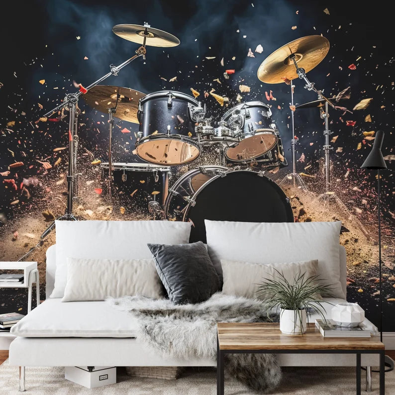 Wallpaper, Drum Set 3D Illustration Wall Decal, Music Room