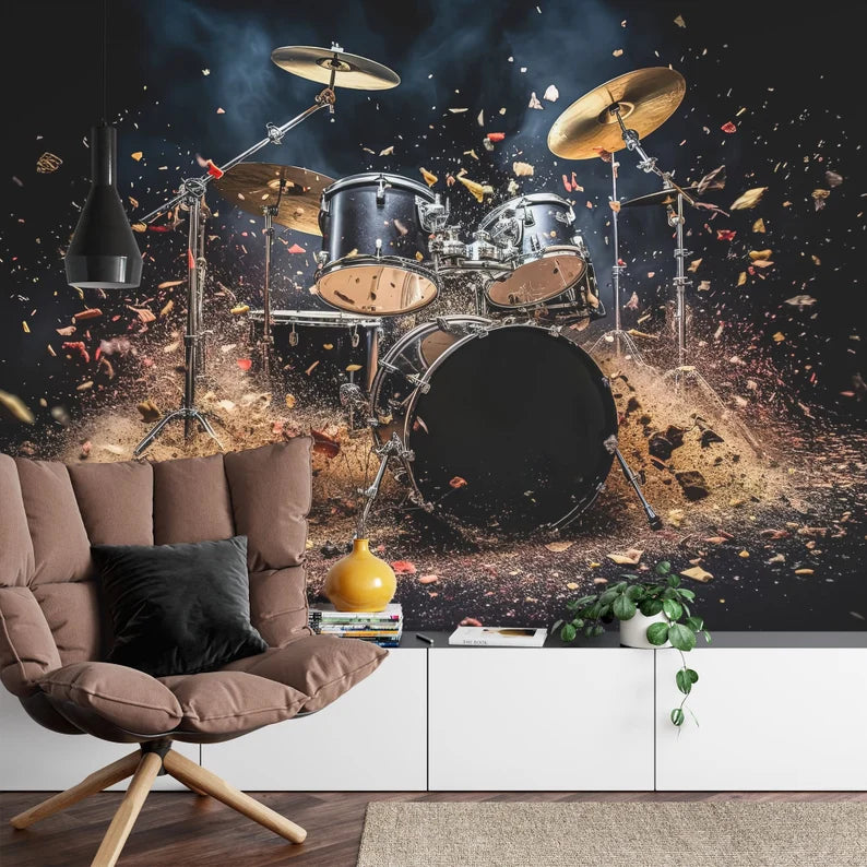 Wallpaper, Drum Set 3D Illustration Wall Decal, Music Room