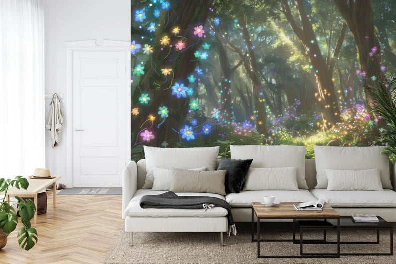 Enchanted Forest Wallpaper Mural, Glowing Flowers