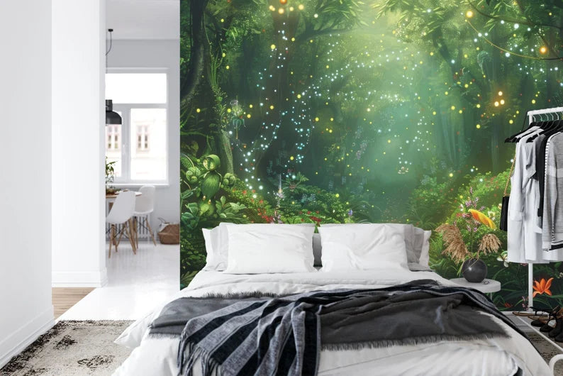 Enchanted Forest Wallpaper Mural, Fireflies Art Print