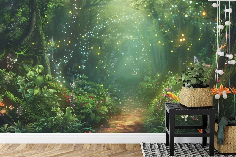 Enchanted Forest Wallpaper Mural, Fireflies Art Print