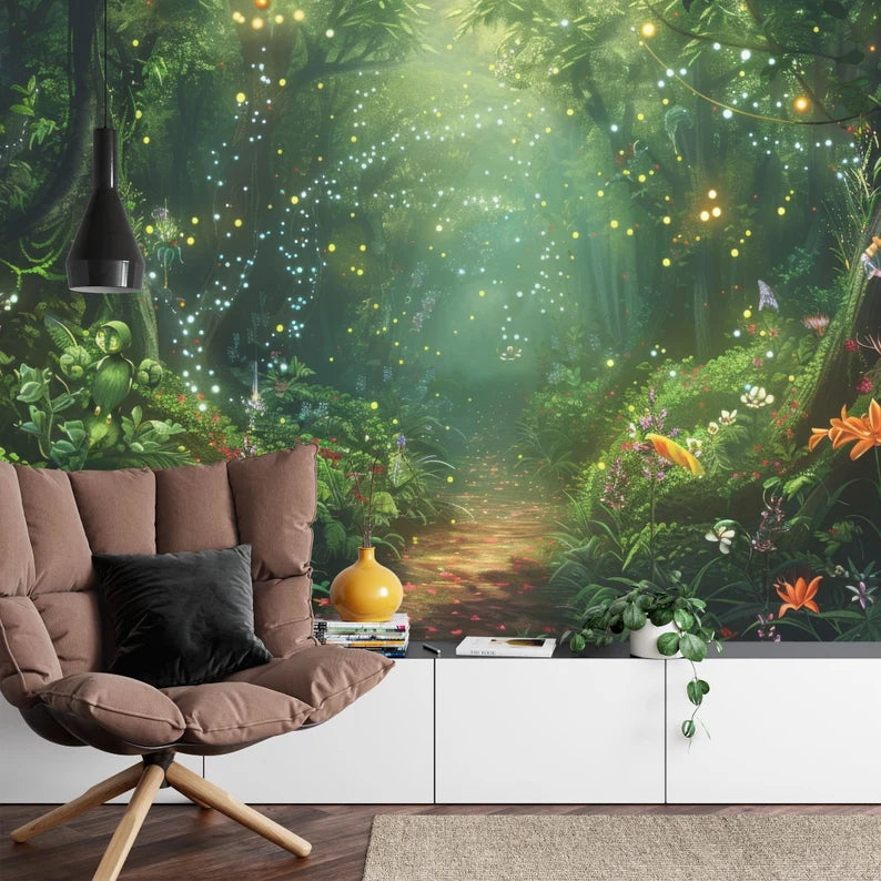 Enchanted Forest Wallpaper Mural, Fireflies Art Print