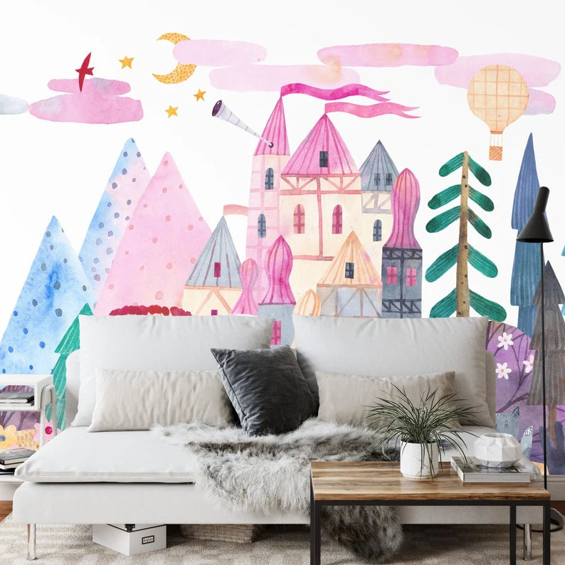 Dreamy watercolor castle wallpaper showing architectural details and fantasy elements for children's spaces
