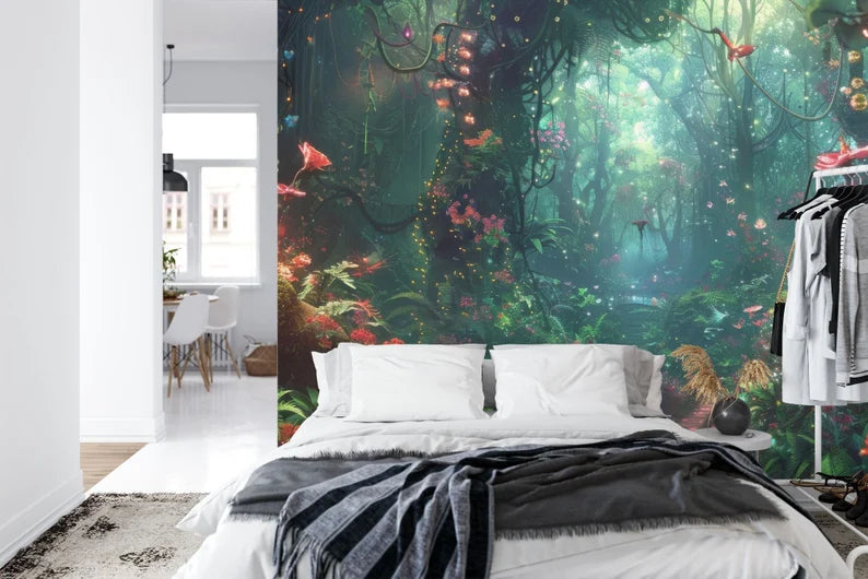 Enchanted Forest Wallpaper Mural, Glowing Flowers