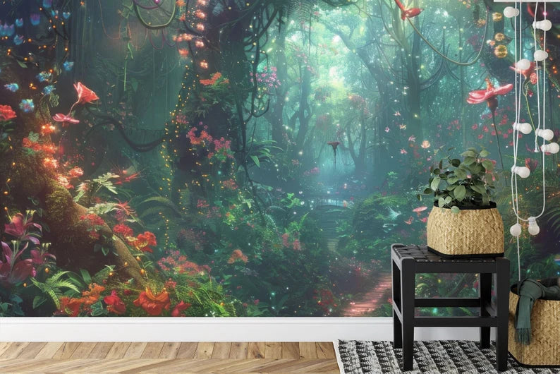 Enchanted Forest Wallpaper Mural, Glowing Flowers