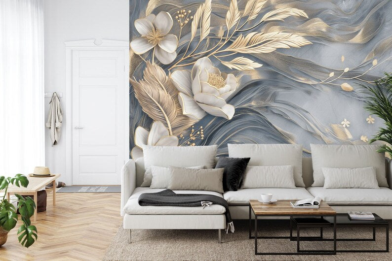 Floral Wallpaper Mural, Marble and Feathers Design