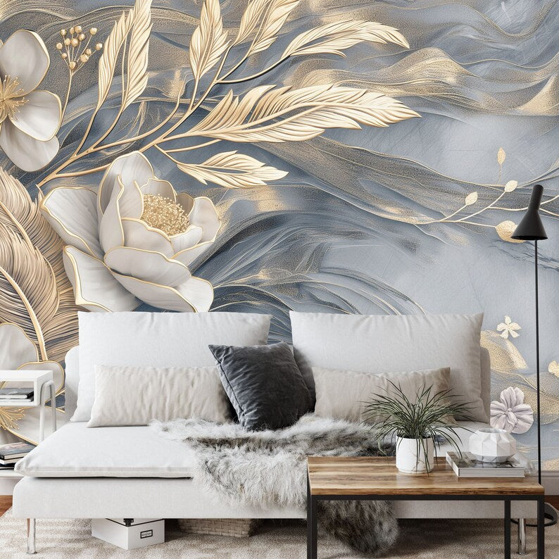 Floral Wallpaper Mural, Marble and Feathers Design