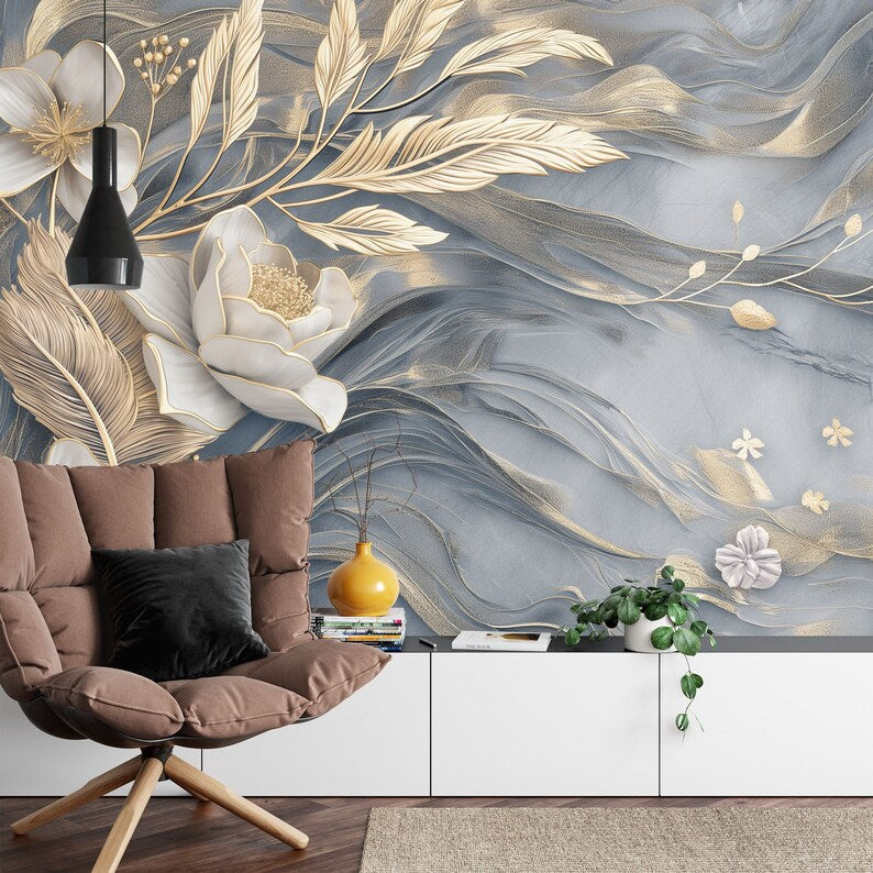 Floral Wallpaper Mural, Marble and Feathers Design
