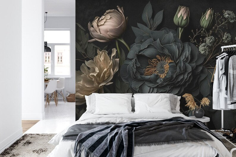 Black Floral Wall Mural, Photorealistic Blooming Flowers