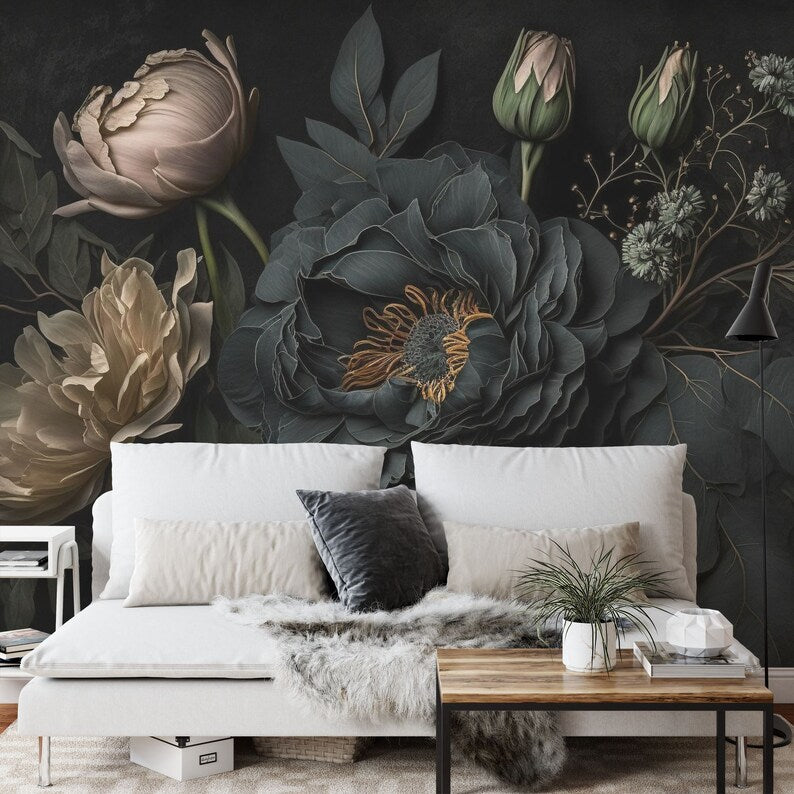Black Floral Wall Mural, Photorealistic Blooming Flowers