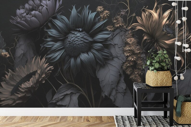 Black Floral Wallpaper Mural, Blooming Flowers