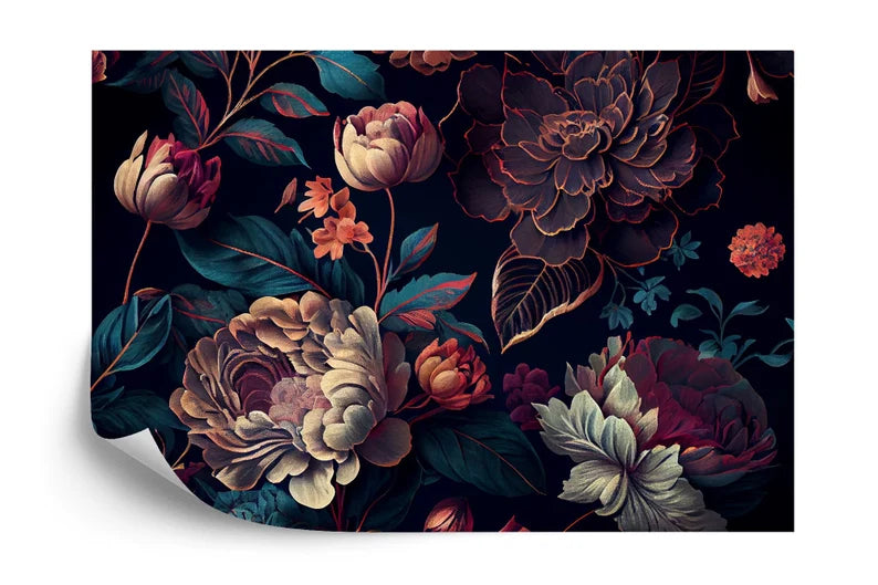 Baroque peony wallpaper application example demonstrating scale and impact of the floral mural design