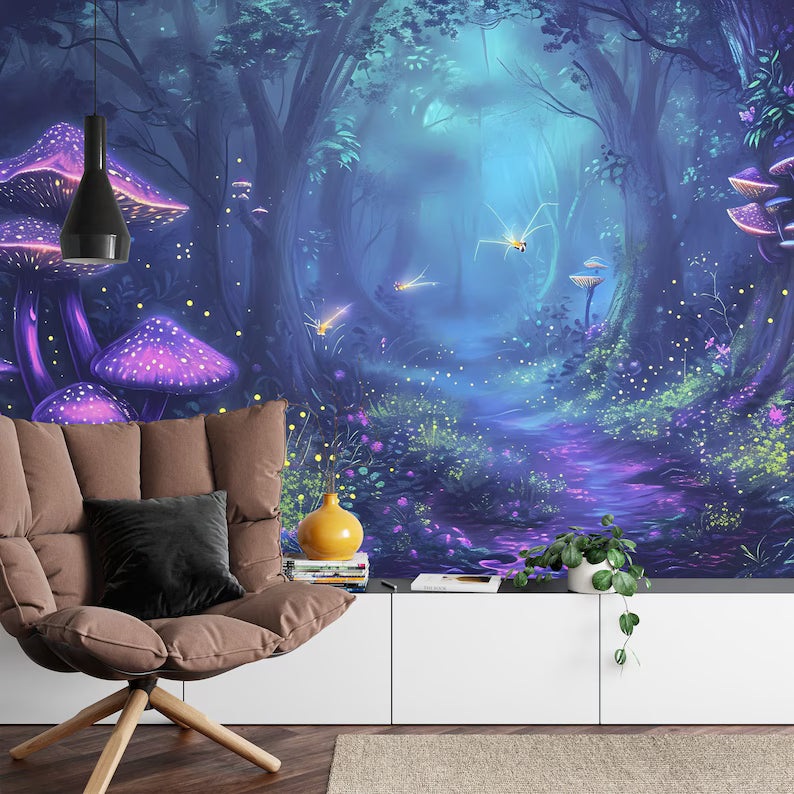 Glowing Forest Wallpaper Mural, Ethereal Nursery Decor
