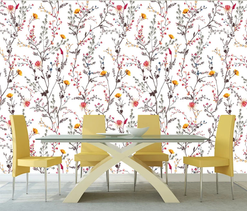 Removable peel and stick floral wallpaper mural in nursery bedroom setting