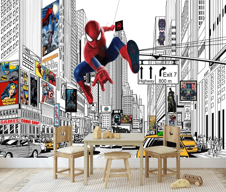Superhero Comic City Wall Decal Sticker, Kids Room Decor