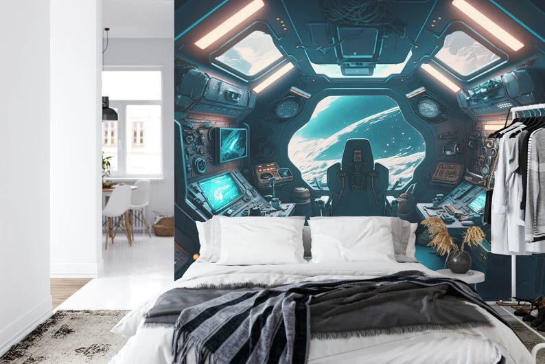 Spaceship Window View Wall Mural Kids Room Wallpaper