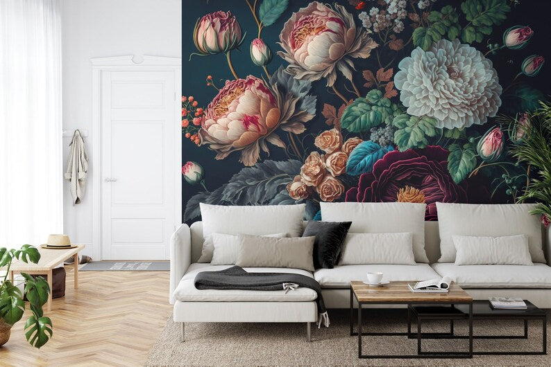 Baroque Floral Wallpaper Mural, Rich Peony Art