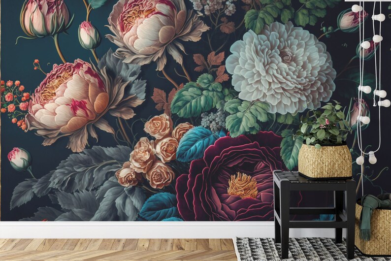Baroque Floral Wallpaper Mural, Rich Peony Art