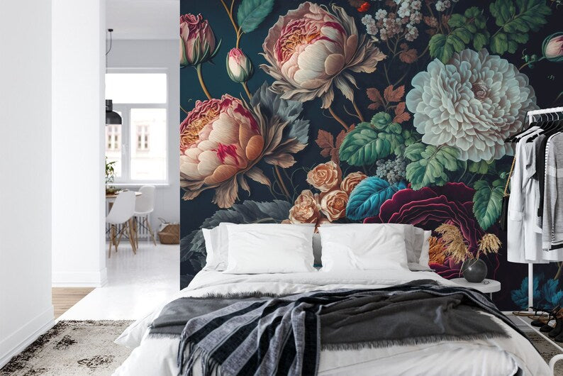 Baroque Floral Wallpaper Mural, Rich Peony Art