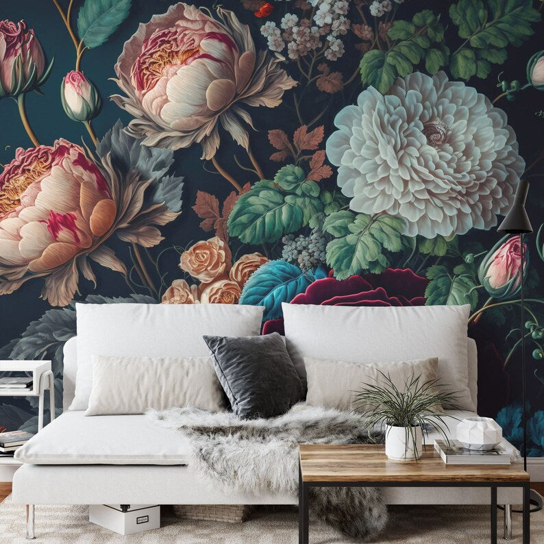Baroque Floral Wallpaper Mural, Rich Peony Art