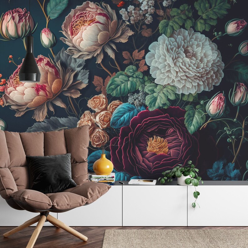 Baroque Floral Wallpaper Mural, Rich Peony Art