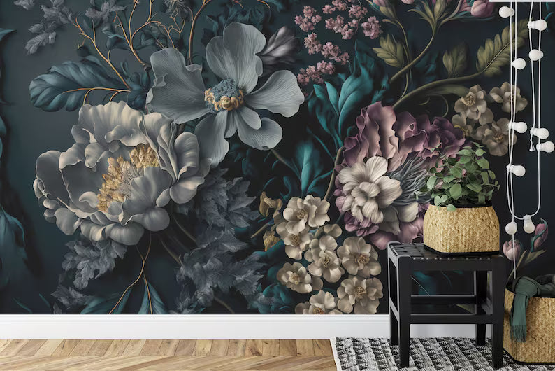 Baroque Peonies Wallpaper Mural, Rich Deep Colors, Gift