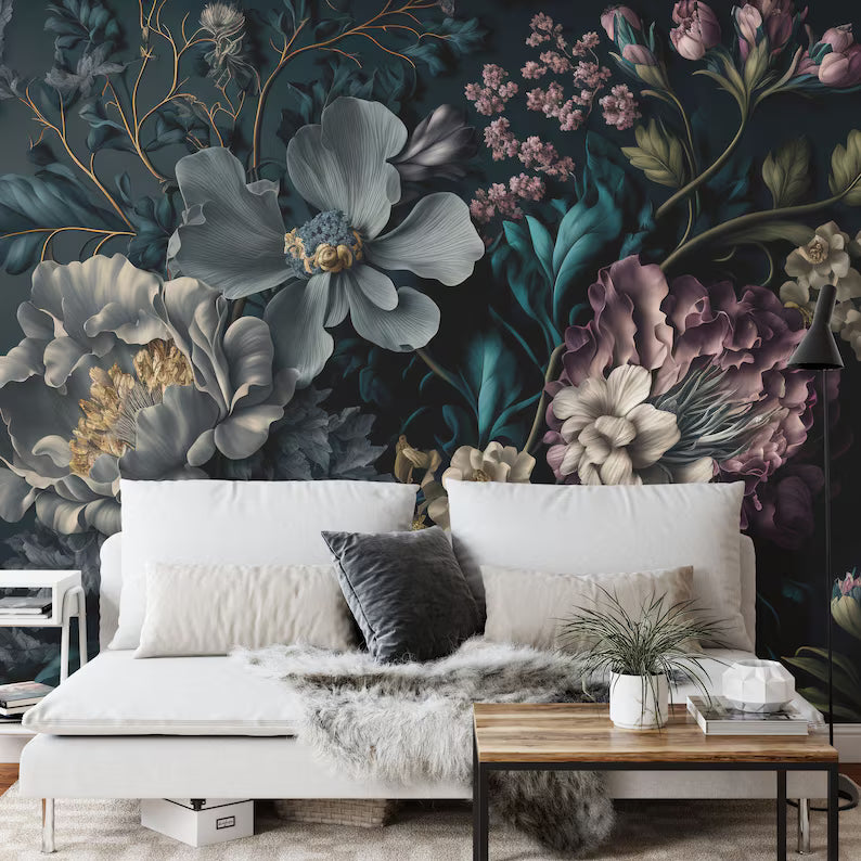 Baroque Peonies Wallpaper Mural, Rich Deep Colors, Gift