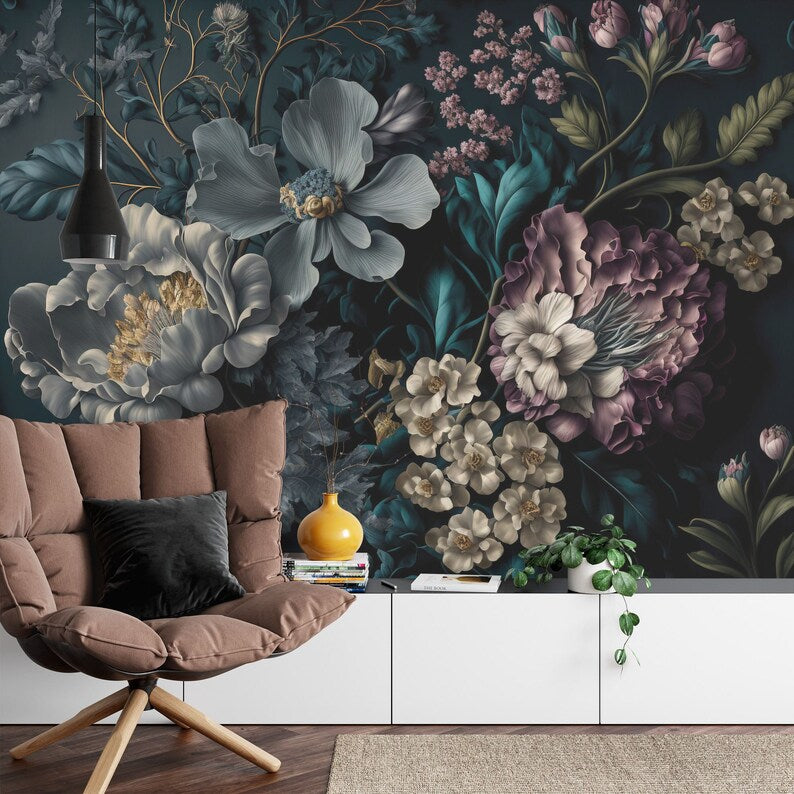 Baroque Peonies Wallpaper Mural, Rich Deep Colors, Gift