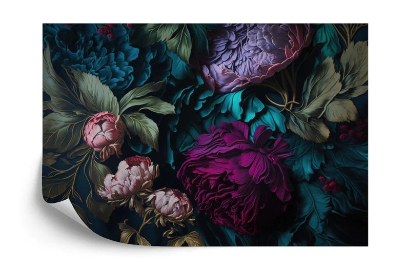 Baroque Floral Wall Mural, Rich Deep Colors, Peonies