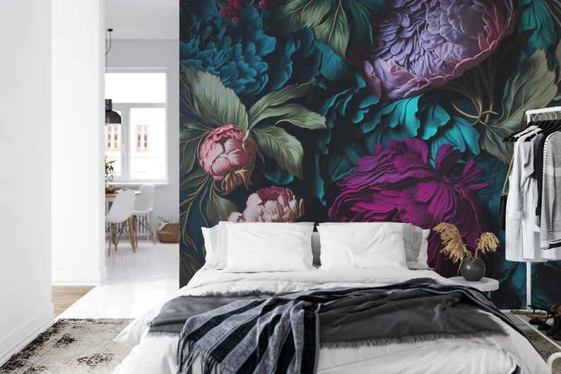 Baroque Floral Wall Mural, Rich Deep Colors, Peonies