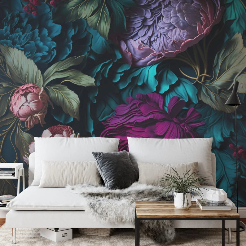 Baroque Floral Wall Mural, Rich Deep Colors, Peonies