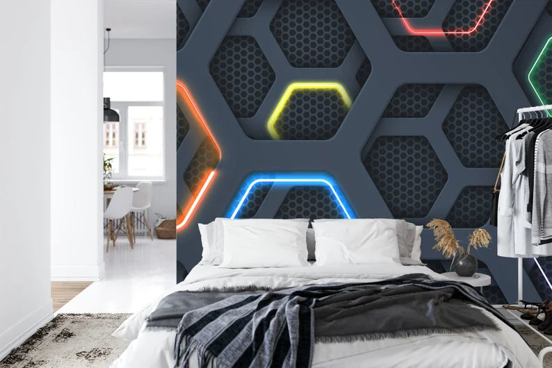 Neon Hexagon Gaming Room Wallpaper Mural