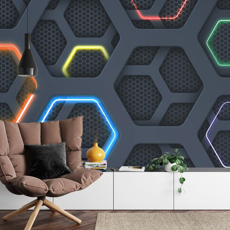 Neon Hexagon Gaming Room Wallpaper Mural