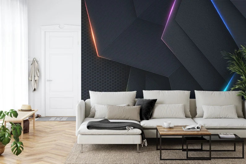 Neon Light Gaming Room Wallpaper Mural, Black Textured