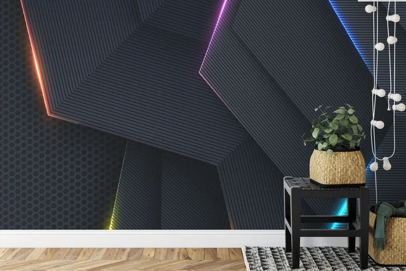 Neon Light Gaming Room Wallpaper Mural, Black Textured
