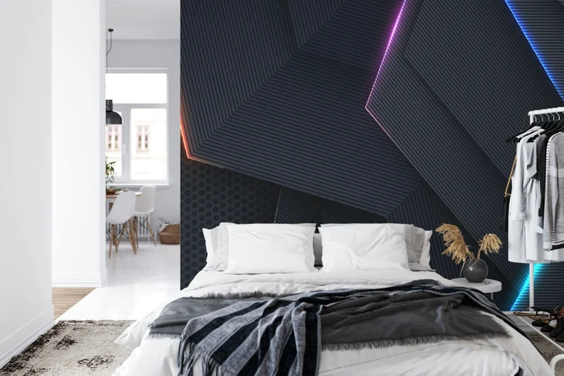 Neon Light Gaming Room Wallpaper Mural, Black Textured