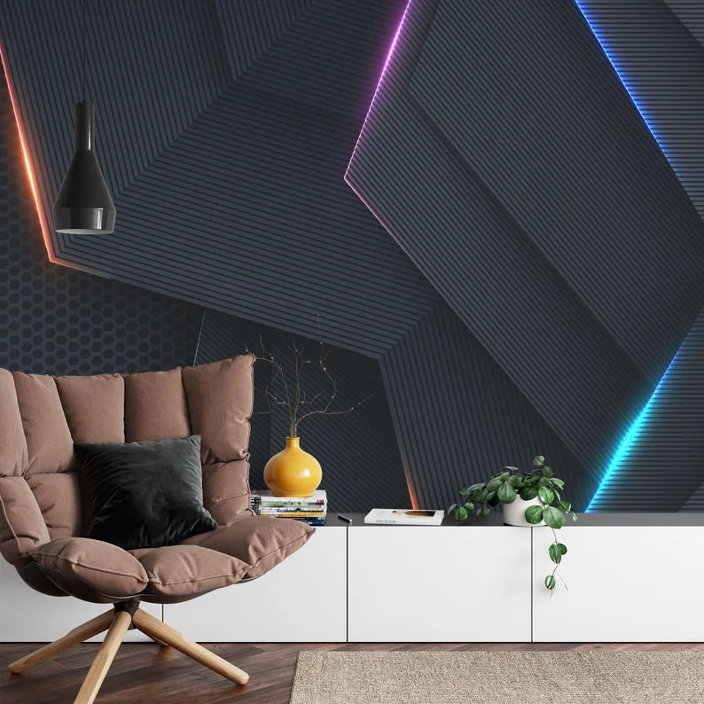 Neon Light Gaming Room Wallpaper Mural, Black Textured